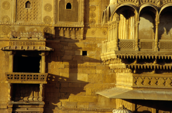 Carved sandstone buildings in Jaisalmer, India