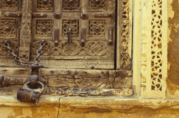 A carved wooden door in Jaisalmer.