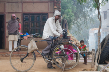 A bicycle powers a sewing machine in Rajasthan.