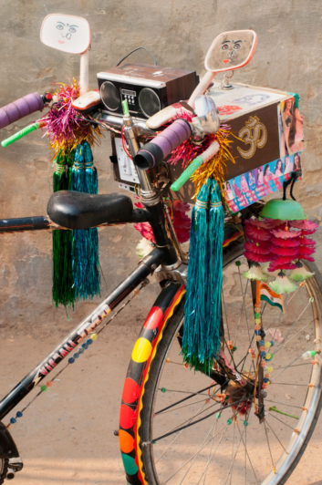 An overly decorated bicycle in India.