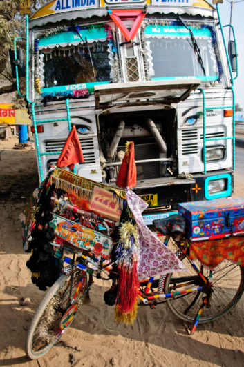 An Indian truckstop repair bicycle carrying tools.