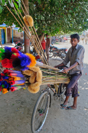 Brooms are loaded on a bicycle in India.