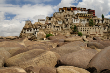 Mani stones in front of Thiksey monastery, Ladakh, India