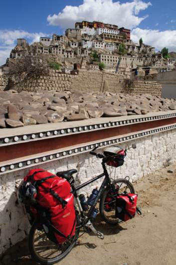 Touring bicycle parked near the thiksey monastery