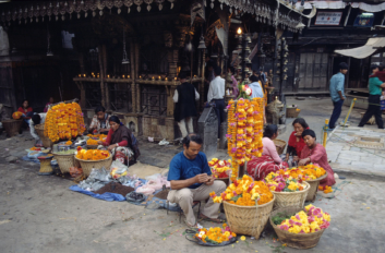 Making flower garlands in Kathmandu.