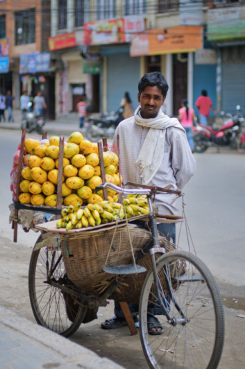 A bicycle fruit salesman in the Kathmandu valley.