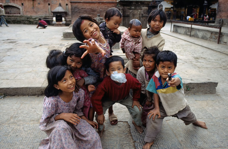 Nepalese children pose for the camera in the Kathmandu Valley.