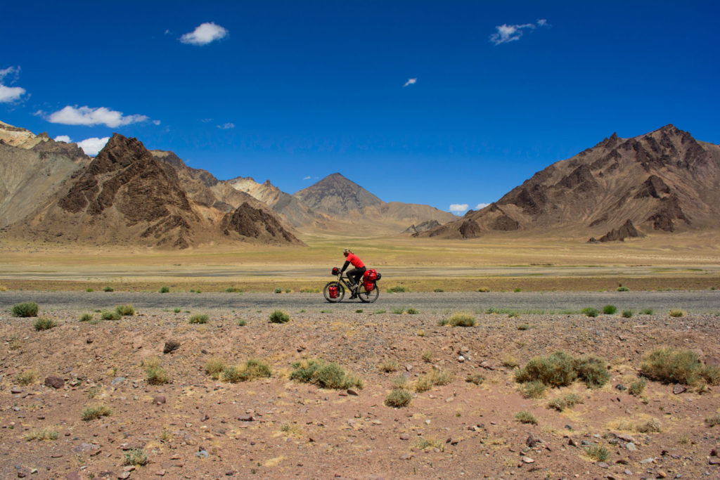 A cyclist pedals the Pamir highway in Tajikistan.