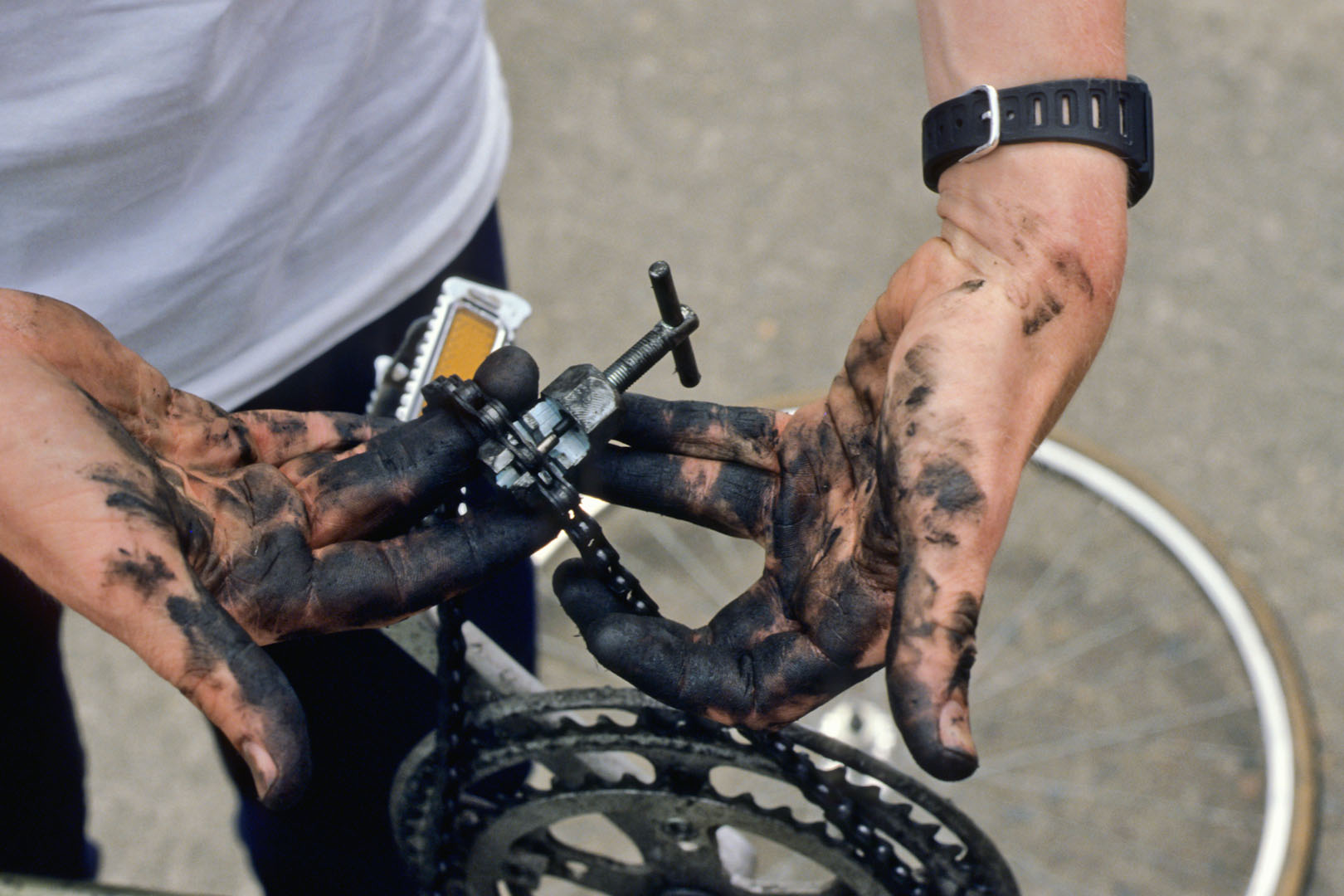 Filthy bike repair hands.