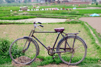 An old Nepalese bike is parked near fields.