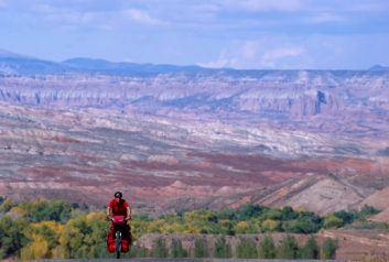 A red cyclist heads through the painted desert of the American Southwest.