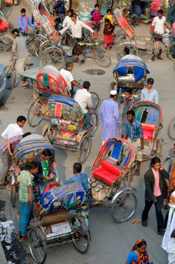 Looking down on rickshaws in Dhaka, Bangladesh