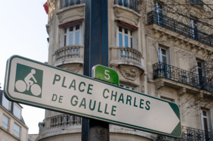 Bicycle path direction sign in Paris, France.